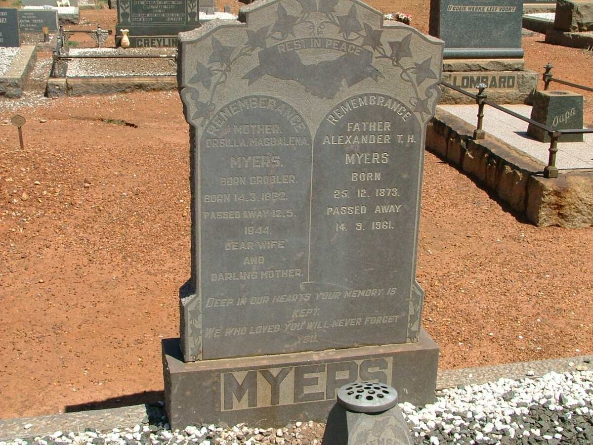 MYERS Alexander T.H. 1873-1961 &amp; Orsilla Magdalena GROBLER 1852-1944