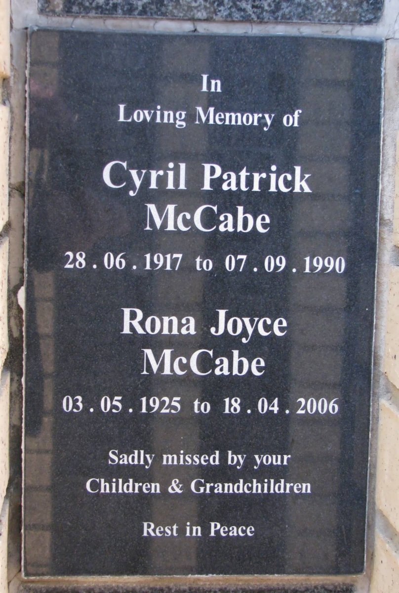 McCABE Cyril Patrick 1917-1990 &amp; Rona Joyce 1925-2006