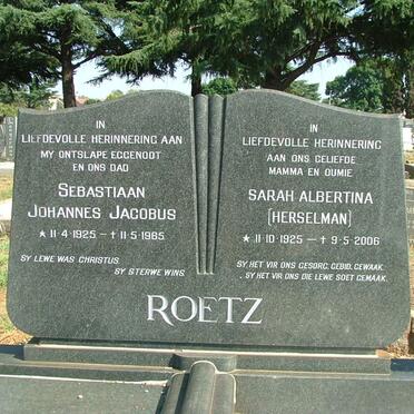 ROETZ Sebastiaan Johannes Jacobus 1925-1985 &amp; Sarah Albertina HERSELMAN 1925-2006