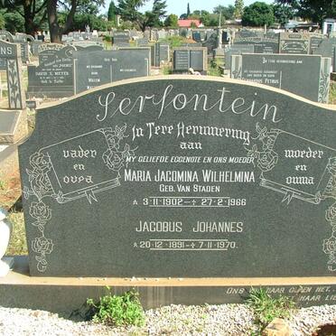 SERFONTEIN Jacobus Johannes 1891-1970 &amp; Maria Jacomina Wilhelmina VAN STADEN 1902-1966