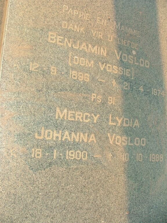 VOSLOO Benjamin 1898-1974 &amp; Mercy Lydia Johanna 1900-1988
