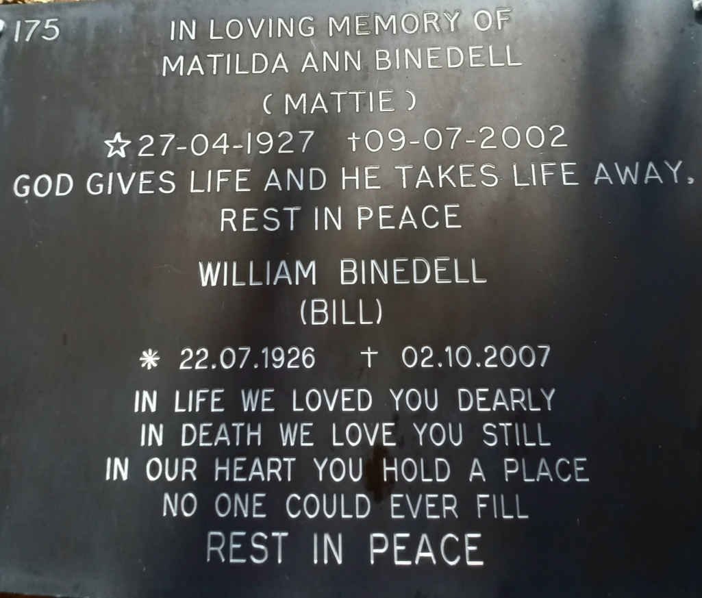 BINEDELL William 1926-2007 &amp; Matilda Ann 1927-2002
