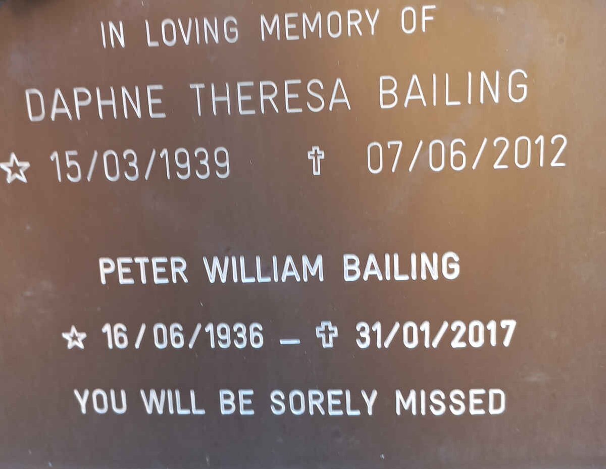 BAILING Peter William 1936-2017 &amp; Daphne Theresa 1939-2012