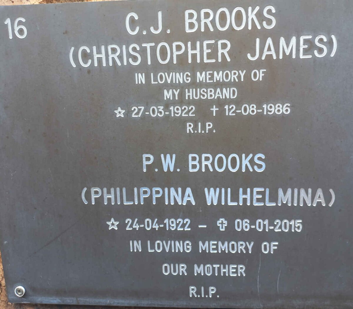 BROOKS Christopher James 1922-1986 &amp; Philippina Wilhelmina 1922-2015
