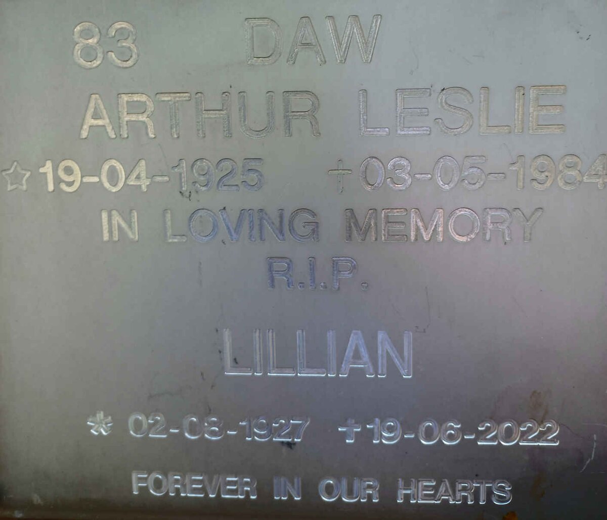 DAW Arthur Leslie 1925-1984 &amp; Lilian 1927-2022