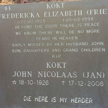 KOKT John Nicolaas 1926-2008 &amp; Fredericka Elizabeth 1925-1998