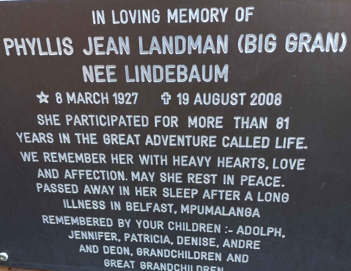 LANDMAN Phyllis Jean nee LINDEBAUM 1927-2008