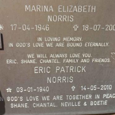 NORRIS Eric Patrick 1940-2010 &amp; Marina Elizabeth 1946-2009