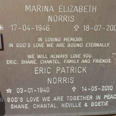 NORRIS Eric Patrick 1940-2010 &amp; Marina Elizabeth 1946-2009