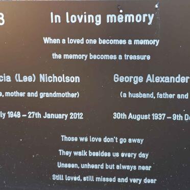 NICHOLSON George Alexander 1937-2015 &amp; Patricia LEE 1948-2012