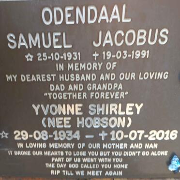 ODENDAAL Samuel  Jacobus 1931-1991 &amp; Yvonne Shirley nee HOBSON 1934-2016