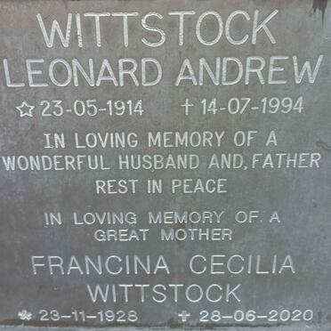 WITTSTOCK Leonard Andrew 1914-1994 &amp; Francina Cecilia 1928-2020