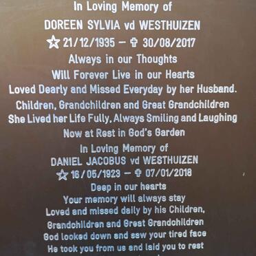WESTHUIZEN Daniel Jacobus, vd 1923-2018 &amp; Doreen Sylvia 1935-2017
