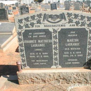 LAGRANGE Johannes Mattheus 1884-1966 &amp; Martha WATKINS 1888-1969