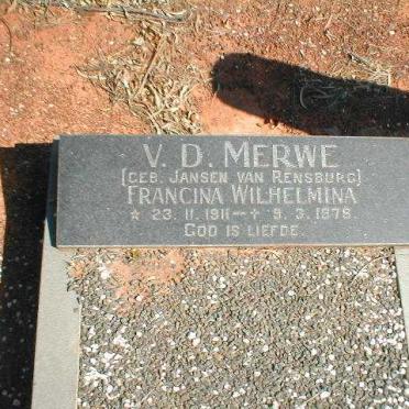 MERWE Francina Wilhelmina, van der geb. JANSE VAN RENSBURG 1911-1978