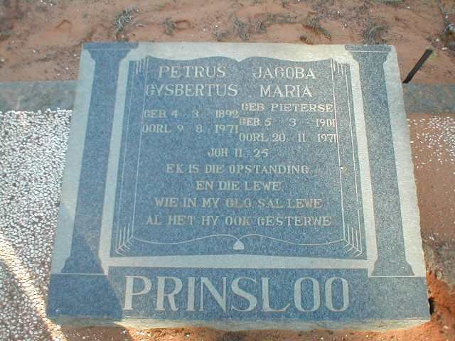 PRINSLOO Petrus Gysbertus 1892-1971 &amp; Jacoba Maria PIETERSE 1909-1971