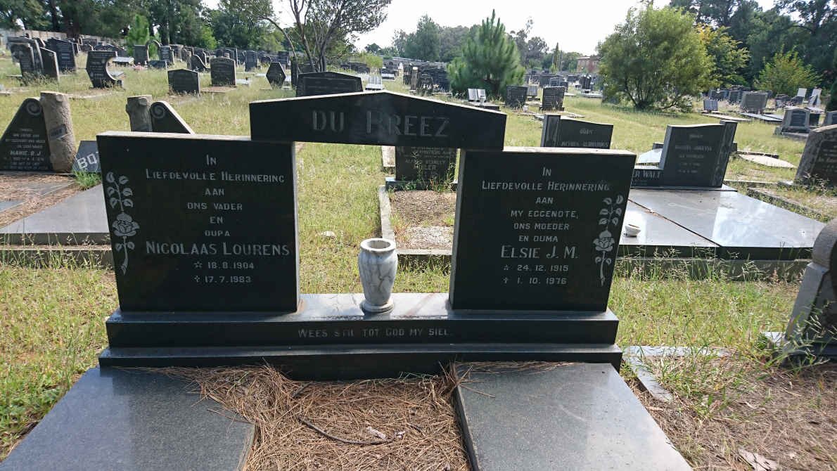 PREEZ Nicolaas Lourens, du 1904-1983 &amp; Elsie J.M. 1915-1976