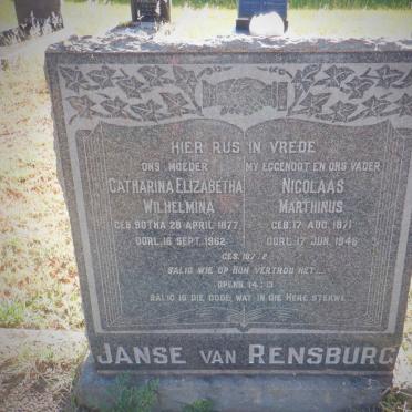 RENSBURG Nicolaas Marthinus, Janse van 1871-1946 &amp; Catharina Elizabetha Wilhelmina BOTHA 1877-1962