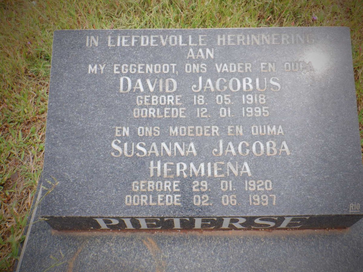 PIETERSE David Jacobus 1918-1995 &amp; Susanna Jacoba Hermiena 1920-1997
