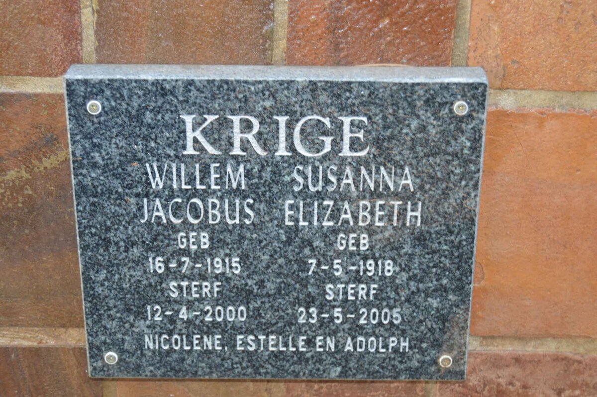 KRIGE Willem Jacobus 1915-2000 &amp; Susanna Elizabeth 1918-2005