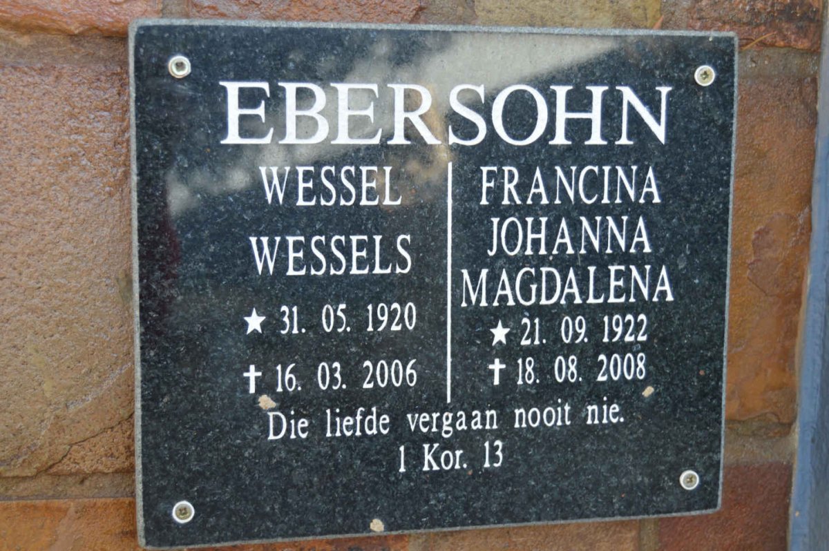 EBERSOHN Wessel Wessels 1920-2006 &amp; Francina Johanna Magdalena 1922-2008
