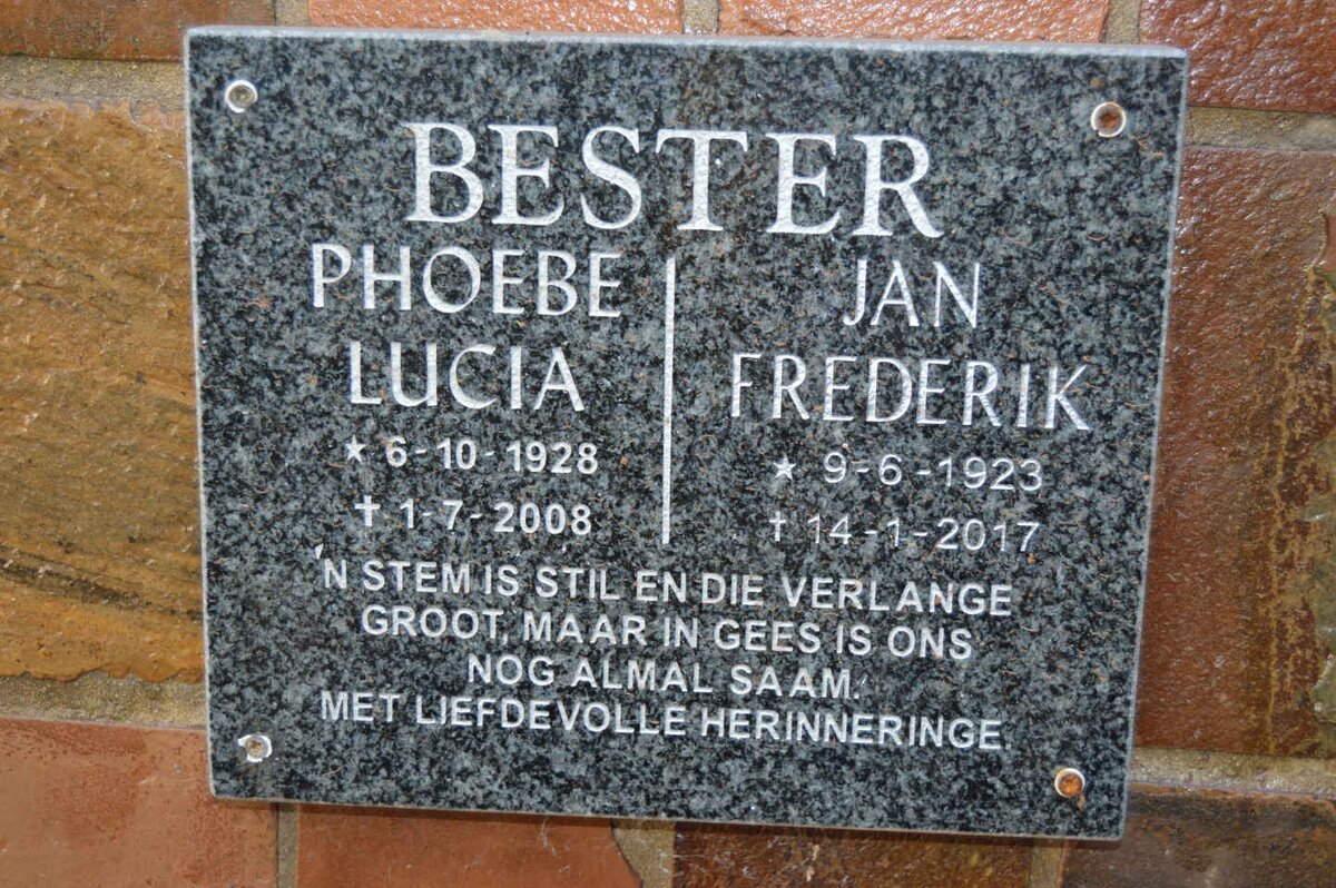 BESTER Jan Frederik 1923-2017 &amp; Phoebe Lucia 1928-2008