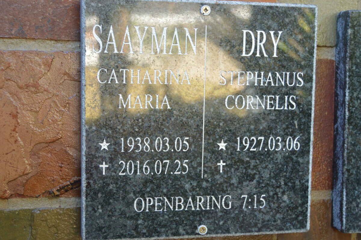 DRY Stephanus Cornelis 1927- :: SAAYMAN Catharina Maria 1938-2016