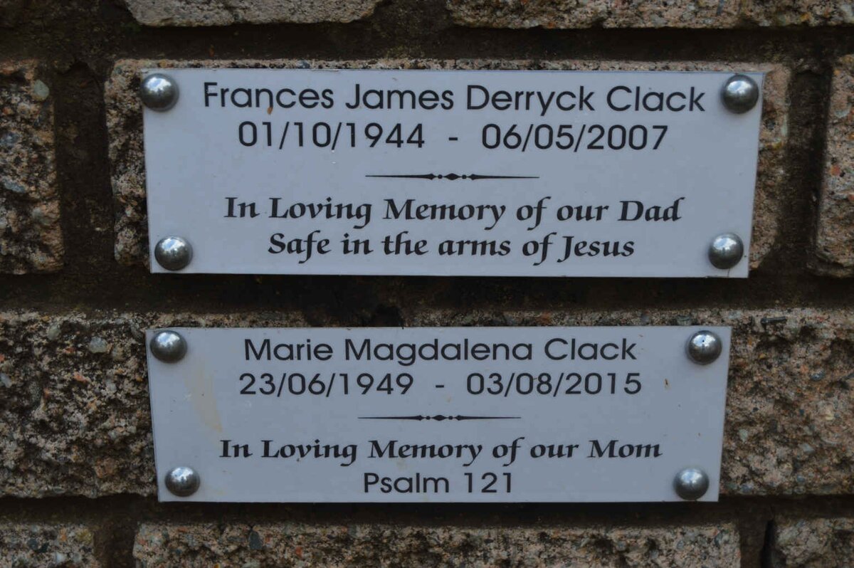 CLACK Frances James Derryck 1944-2007 &amp; Marie Magdalena 1949-2015