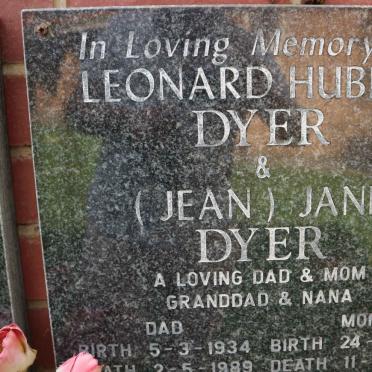 DYER Leonard Hubert 1934-1889 &amp; Jane 1934-2008
