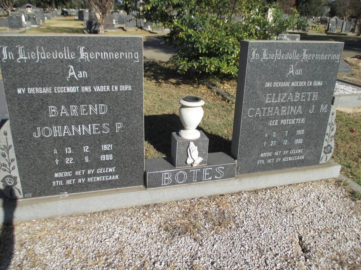 BOTES Barend Johannes P. 1921-1988 &amp; Elizabeth Catharina J.M. nee POTGIETER 1919-1996