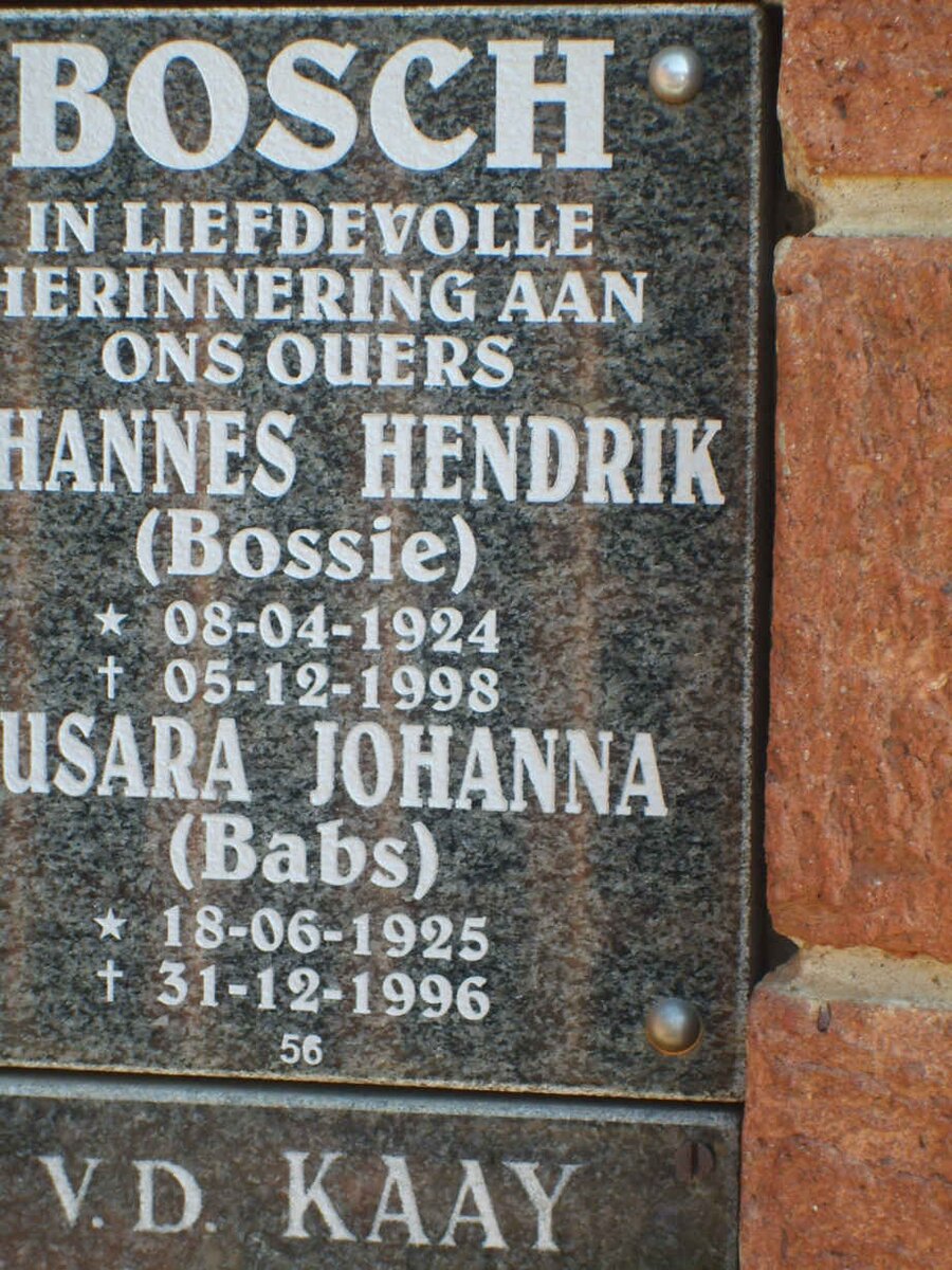 BOSCH Hannes Hendrik 1924-1998 &amp; Susara Johanna 1925-1996