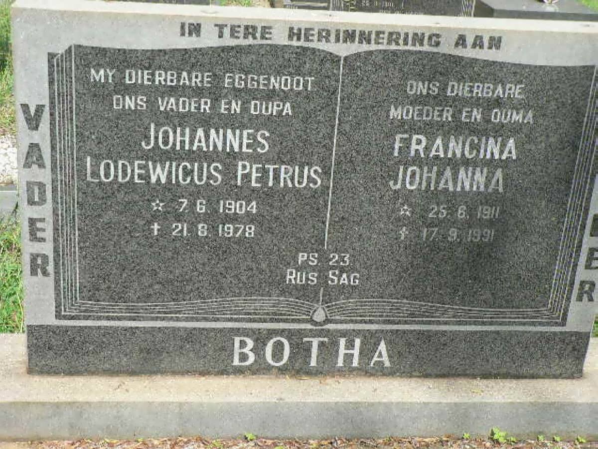 BOTHA Johannes Lodewicus Petrus 1904-1978 &amp; Francina Johanna 1911-1991