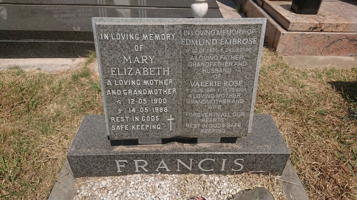 FRANCIS Mary Elizabeth 1900-1988 :: FRANCIS Edmund Embrose 1925-2006 &amp; Valerie Rose 1926-2004