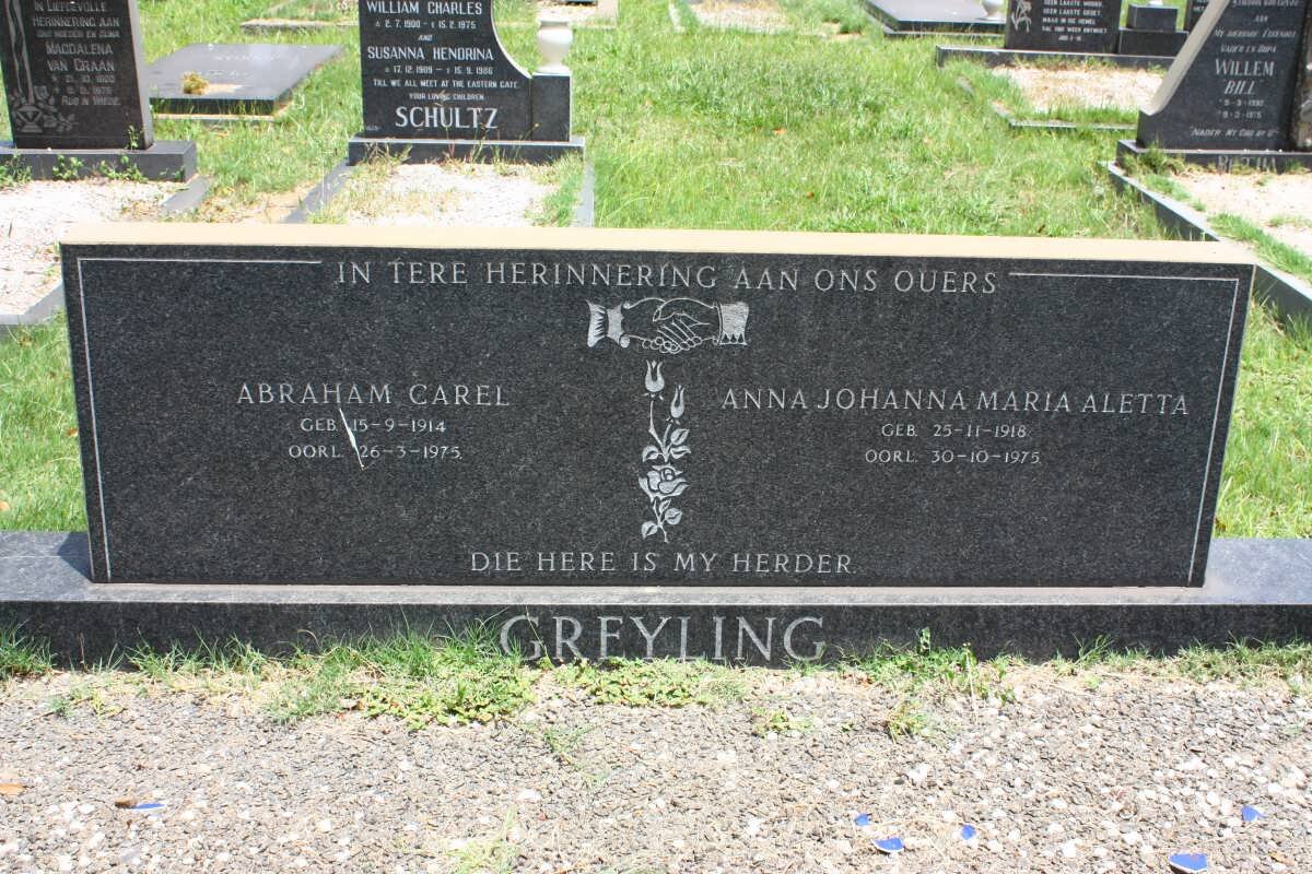 GREYLING Abraham Carel 1914-1975 &amp; Anna Johanna Maria Aletta 1918-1975