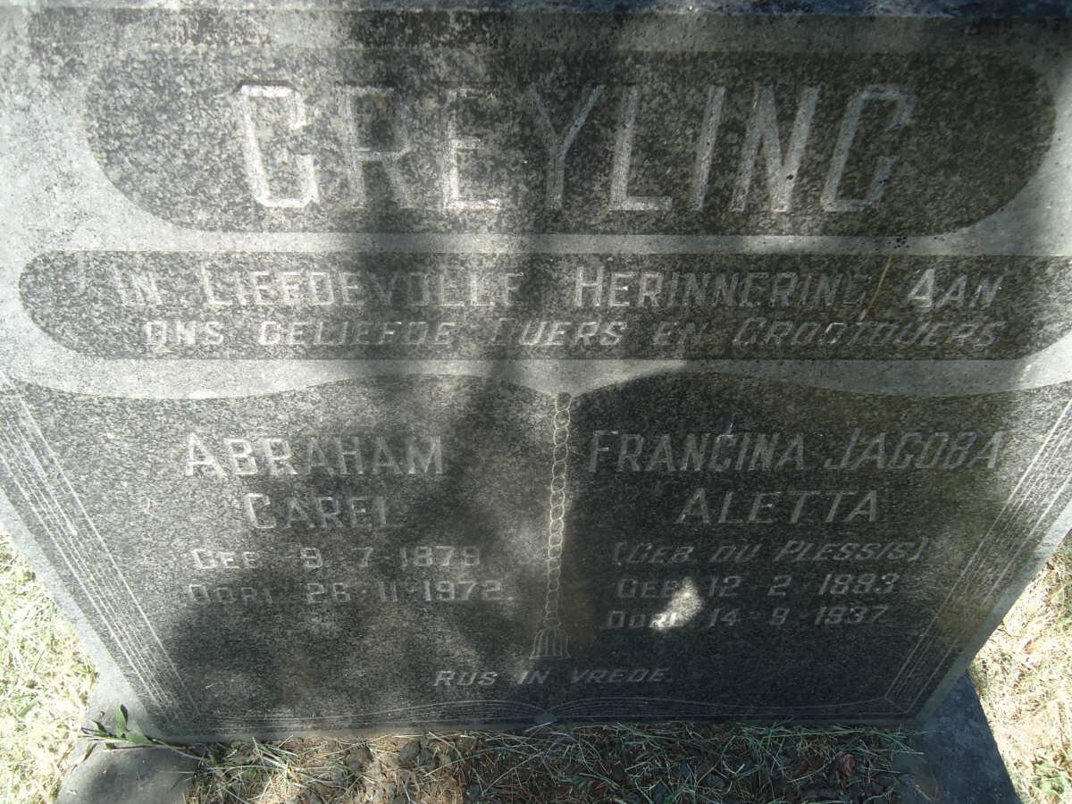 GREYLING Abraham Carel 1879-1972 &amp; Francina Jacoba Aletta DU PLESSIS 1893-1937