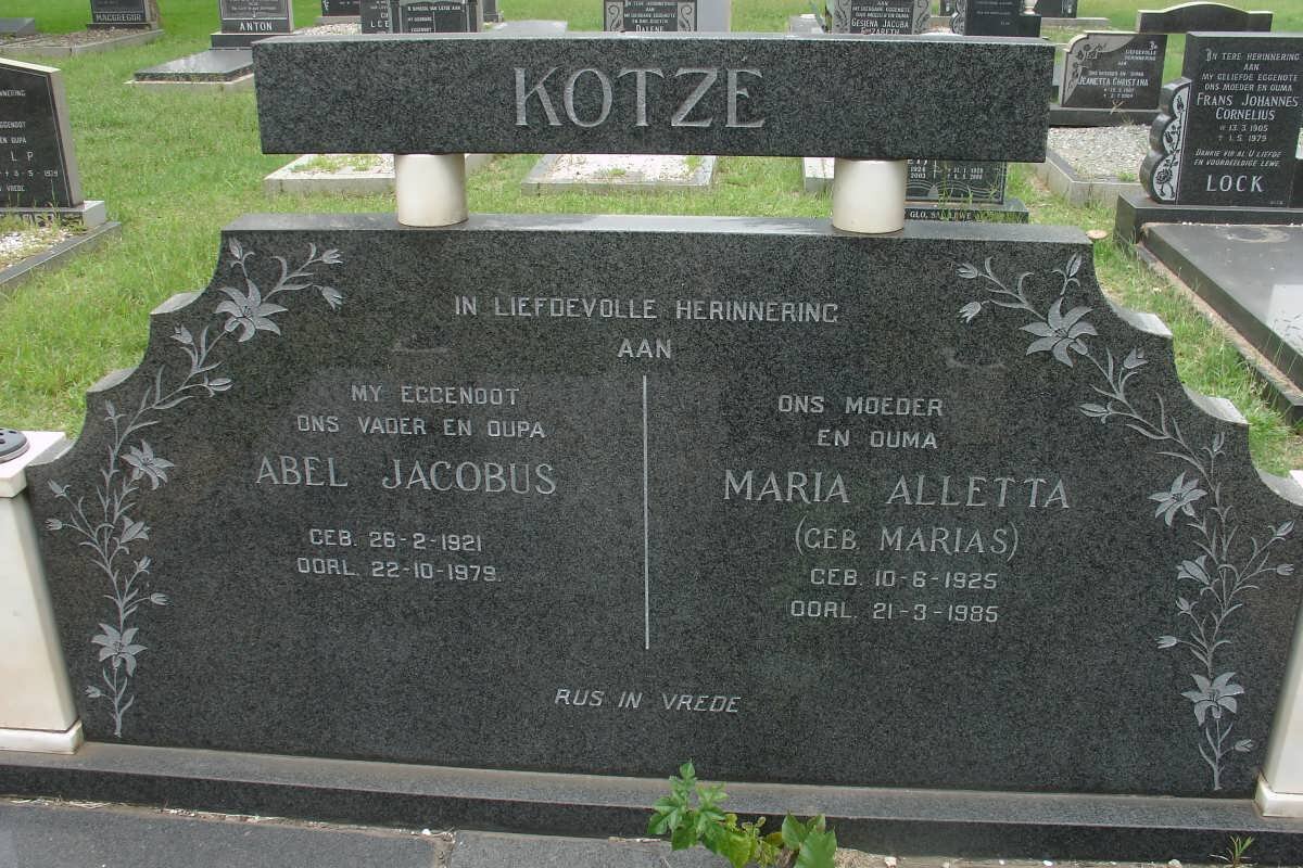 KOTZE Abel Jacobus 1921-1979 &amp; Maria Alletta MARAIS 1925-1985