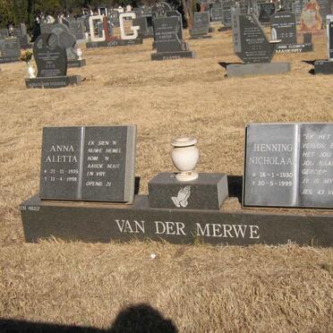 MERWE Henning Nicolaas, van der 1930-1999 &amp; Anna Aletta 1935-1998