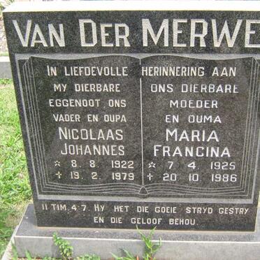 MERWE Nicolaas Johannes, van der 1922-1979 &amp; Maria Francina 1925-1986