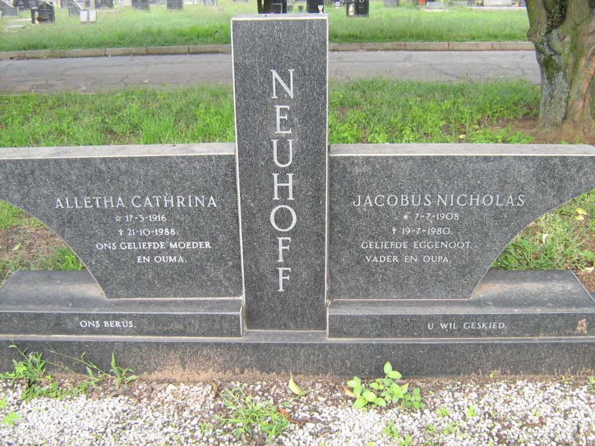 NEUHOFF Jacobus Nicholas 1908-1980 &amp; Alletha Cathrina 1916-1988