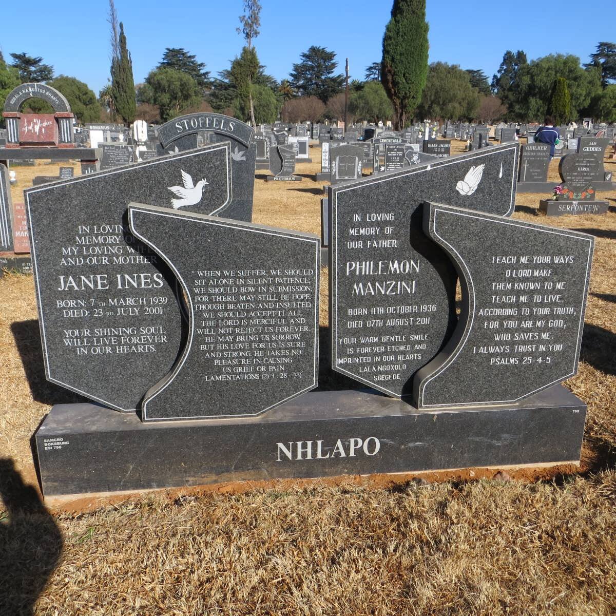 NHLAPO Philemon Manzini 1936-2011 &amp; Jane Ines 1939-2001