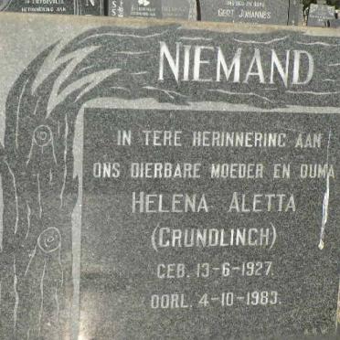 NIEMAND Helena Aletta nee GRUNDLINGH 1927-1983