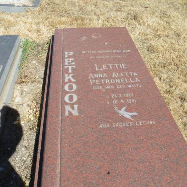PETKOON Lettie Anna Aletta Petronella nee VAN DER WALT 1951-1991