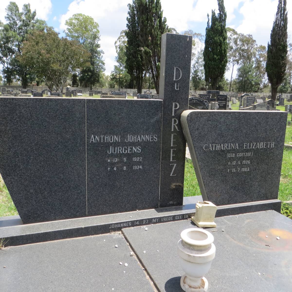 PREEZ Antoni Johannes Jurgens, du 1922-1974 &amp; Catharina Elizabeth COETZEE 1926-1963