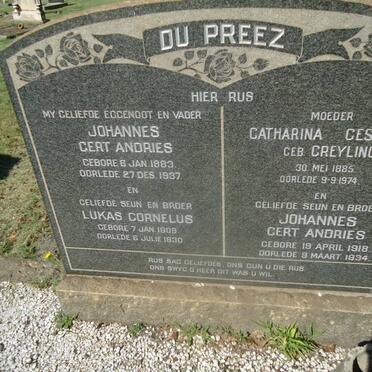 PREEZ Johannes Gert Andries, du 1883-1937 &amp; Catharina Gesiena GREYLING 1885-1974 - see description for rest of names