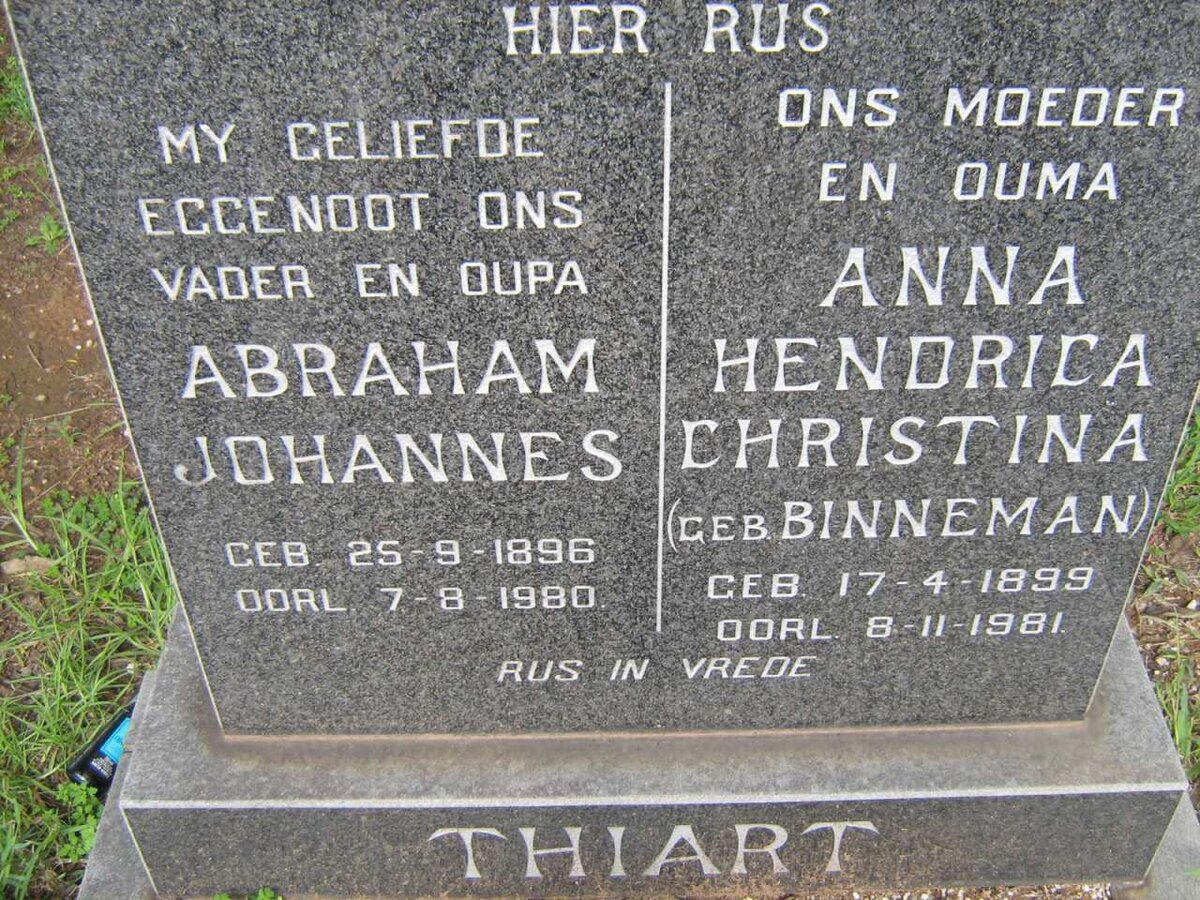 THIART Abraham Johannes 1896-1980 &amp; Anna Hendrica Christina BINNEMAN 1899-1981