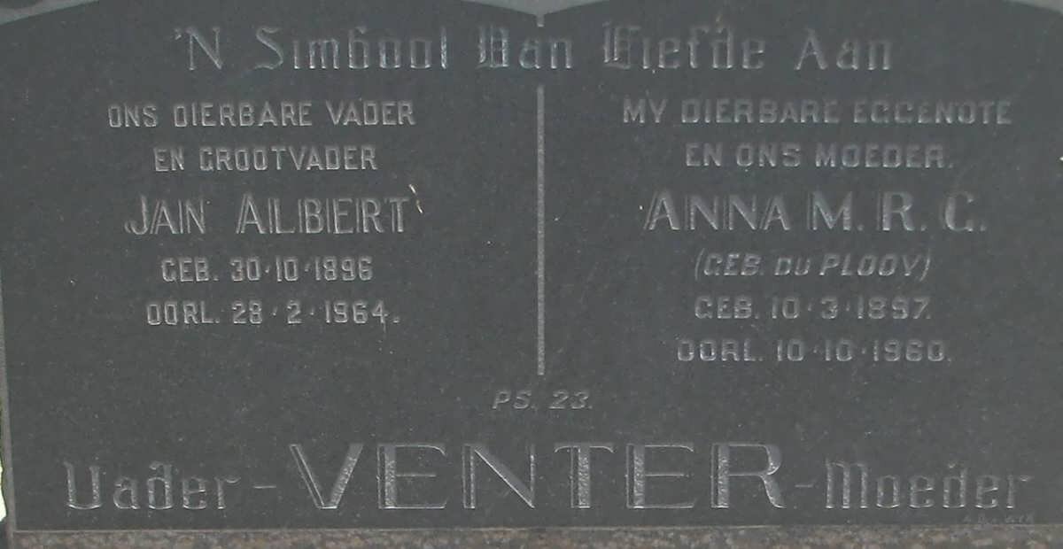 VENTER Jan Albert 1896-1964 &amp; Anna M.R.G. DU PLOOY 1897-1960
