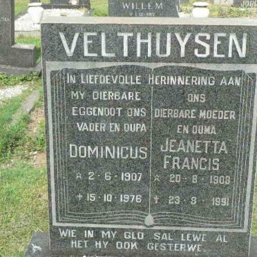 VELTHUYSEN Dominicus 1907-1976 &amp; Jeanetta Francis 1908-1991
