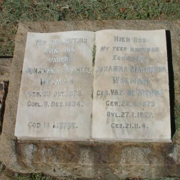 WELMAN Johannes Michiel 1879-1934 &amp; Johanna Magrieta VAN DE MERWE 1873-1927