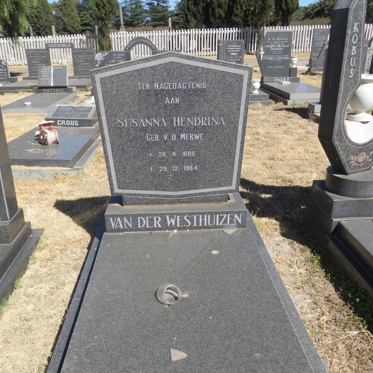 WESTHUIZEN Susanna Hendrina, van der nee V.D. MERWE 1889-1984