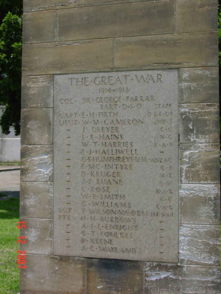 Plaque on memorial - Great War 1914-1918